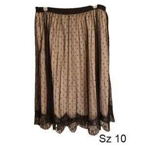 Women's Black A-Line Lace Skirt Wrinkle Free Lace Overlay Midi Skirt Size 10